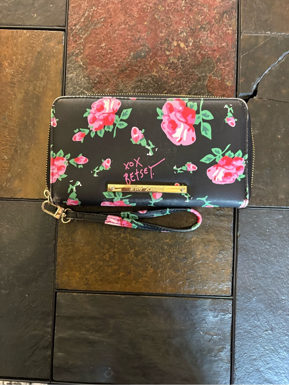 Betsey Johnson Black Wallet with Pink Floral Print and Gold Accent